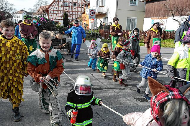 Narrenbaumstellen der Katzenzunft Kippenhausen. Traditionsgemäß ziehen die Kinder den Baum. Bild: Claudia Wörner
