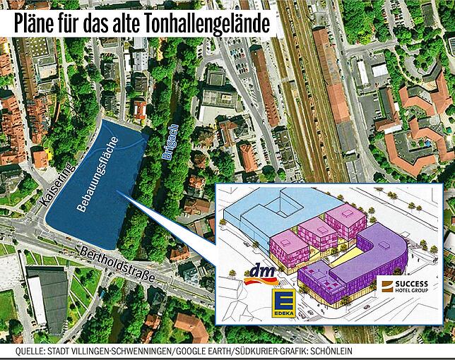 So sieht im groben die Bebauungsplanung aus. An der Bertholdstraße in Lila gefärbt ein Hotelkomplex (links) mit Edeka-Markt (rechts), ...
