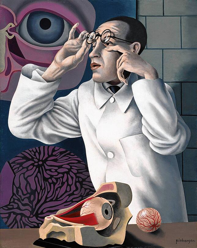 Herbert Ploberger: Selbstbildnis mit ophthalmologischen Lehrmodellen, um 1928/1930.