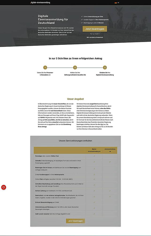 Der Screenshot zeigt die zusätzlichen Services, die der Anbieter des kostenpflichtigen Dienstes www.digitale-anreiseanmeldung.de für ...