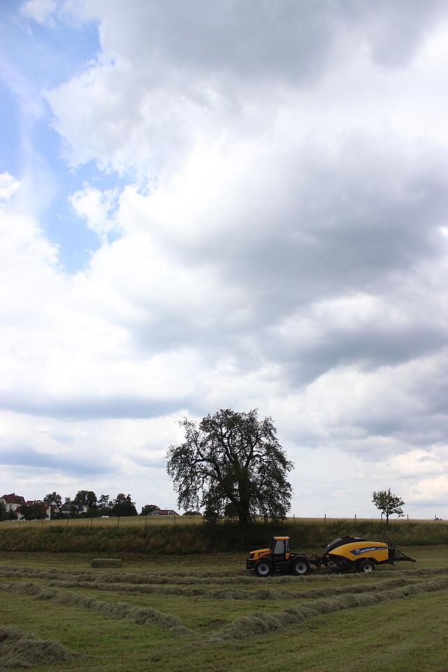 Da braut sich was zusammen: Ein Lohnunternehmer holt das Heu ein. Die Zeit drängt, denn es droht ein Gewitter auszubrechen.