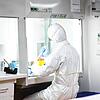 Ein Mitarbeiter des Labors Dr. Blessing in Singen bereitet unter der Sicherheitswerkbank ein Probenröhrchen für die Virus-Inaktivierung ...