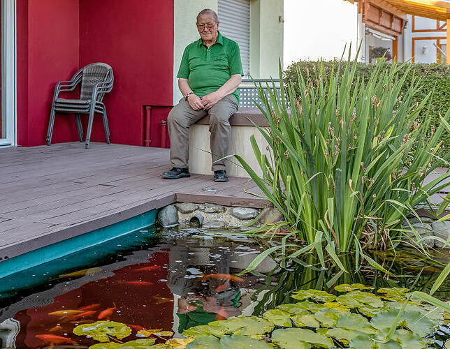 Im Schatten am Karpfenteich fühlt sich Leo Müller bei sommerlicher Hitze besonders wohl.