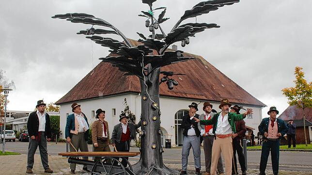 Bei der feierlichen Enthüllung des Räuberzinkenbaums trat die Räuberbande aus Riedhausen in Aktion. Ganz oben im Baumwipfel hat der ...