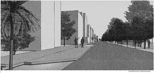 Mit Podesten entlang der Straße soll mehr Aufenthaltsqualität für Fußgänger entstehen. Dafür wird die Fahrbahn auf zwei Spuren ...