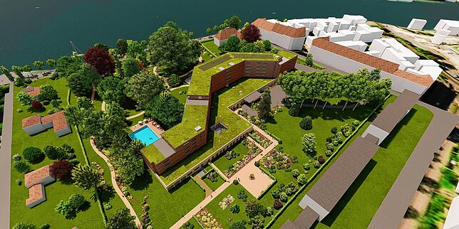 So sieht das 75-Millionen-Euro-Projekt mit Hotel und Park sowie Schwimmbad aus der Luft aus, wie diese Visualisierung zeigt.