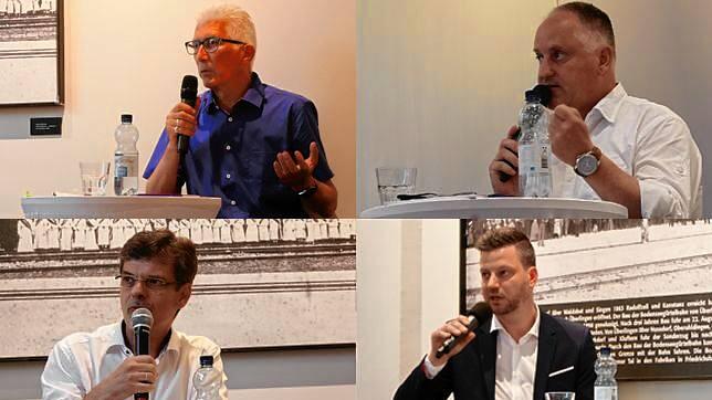 Zum SÜDKURIER-Podium sind die Bürgermeisterkandidaten (oben, von links:) Klaus Schultz, Markus Lauffer, (unten, von links:) Georg ...