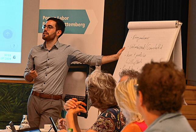 Philipp Stolz notiert und erklärt Sachen am Flipchart.