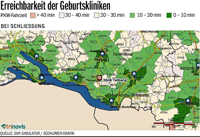 Auf dieser Karte wird simuliert, was passiert, wenn die Klinik Tettnang wegfällt. Die Fahrzeiten für Familien aus Tettnang und dem ...