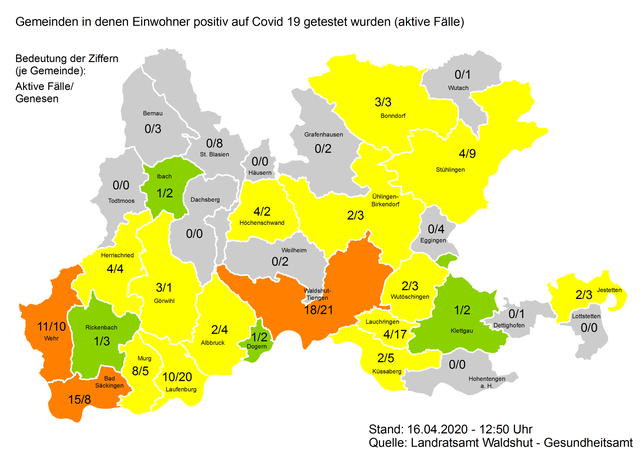 Covid-19-Infizierte und Genesene in den Gemeinden im Landkreis Waldshut am 16. April 2020.