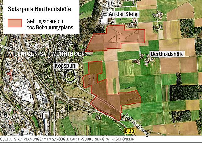 Die rot markierten Flächen im Zentralbereich sind für den Bau einer großen Photovoltaikanlage vorgesehen.