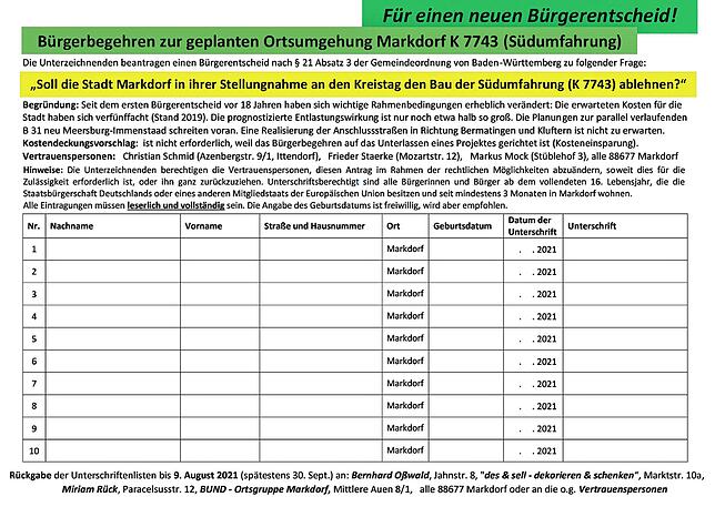 So sah die Vorlage zur Unterschriftenliste aus.