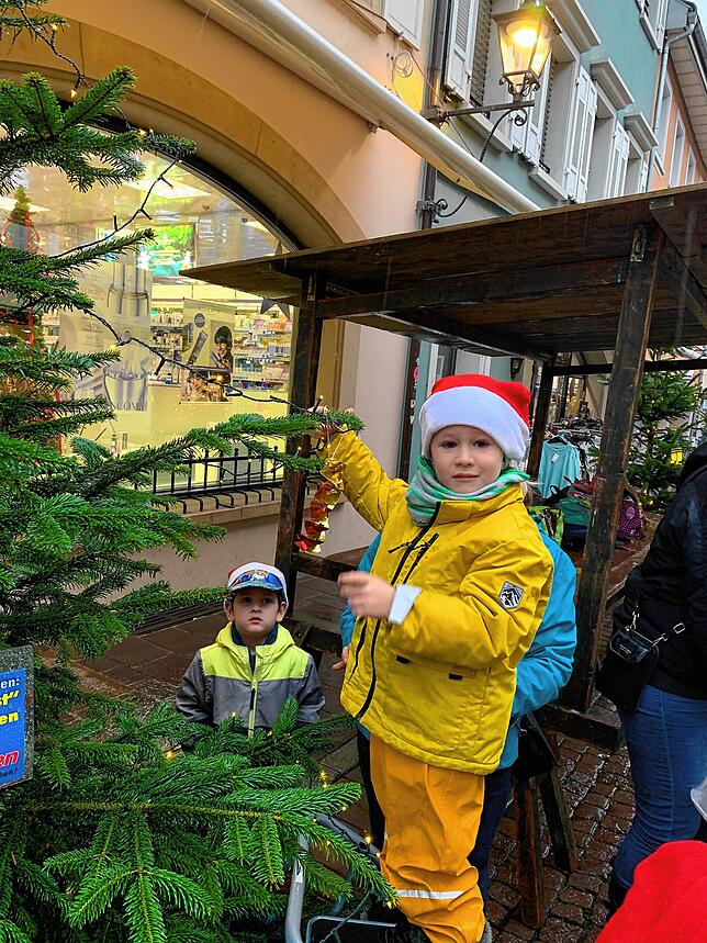 Auch die Kinder vom Kindergarten „Schwalbennest“ aus Tiengen sind mit Freude dabei. Leitern helfen den kleinen Baumschmückernhelfen den ...