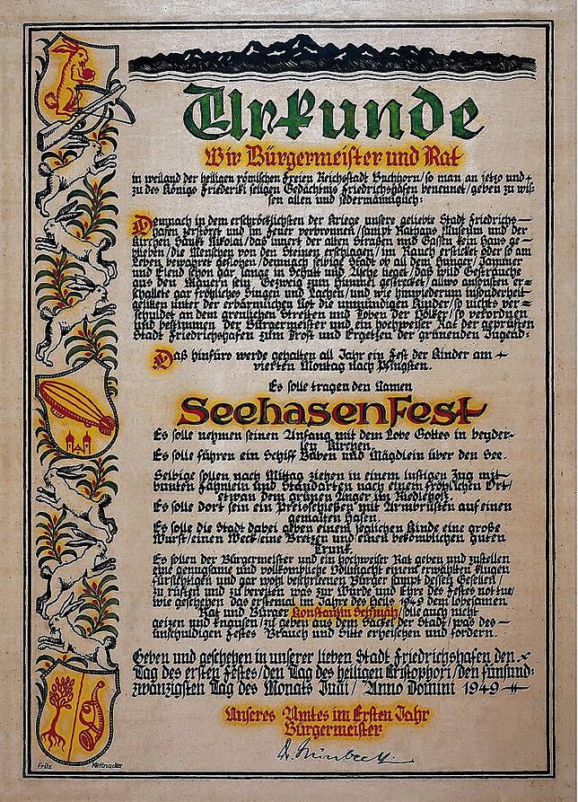 Die Gründungsurkunde schreibt einen Gottesdienst, eine Schiffsfahrt, dem Umzug und für jedes Kind eine Wurst, einen Wecken und ein ...