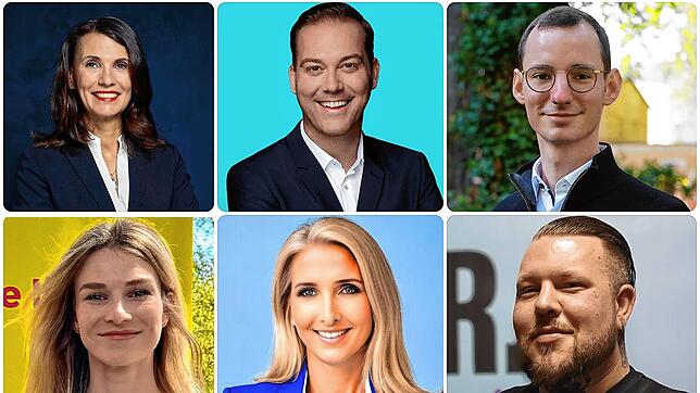 Sie wollen in den nächsten Bundestag (oben von links): Rita-Schwarzelühr-Sutter (SPD), Felix Schreiner (CDU), Jan-Lukas Schmitt (Grüne) ...