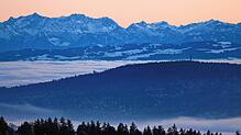 Weitblick vom Höchsten über das Bodensee-Nebelmeer mit dem Gehrenberg-Höhenzug in der Mitte und Blick auf die Schweizer Alpen.