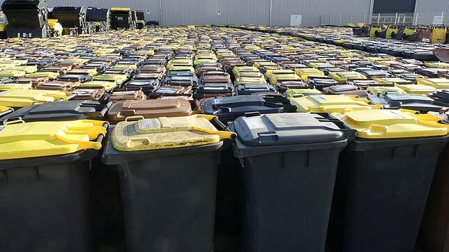 Mülltonnen, soweit das Auge reicht: Rest- und Biomülltonnen auf einem Werksgelände in Waldmössingen warten auf ihre Wiederverwertung.