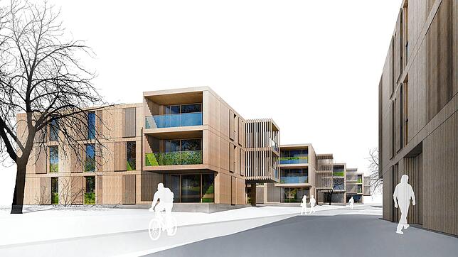 Auf dem Areal der Spitalstiftung zwischen Allmannsdorfer- und Mainaustraße sind fünf Neubauten aus Holz und Beton geplant. Der ...