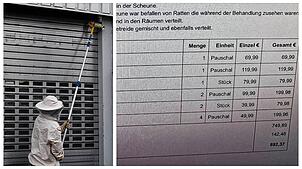 Links ein professioneller Schädlingsbekämpfer im Einsatz. Rechts eine der horrenden Rechnungen, die skrupellose Betrüger ausstellen, um ...