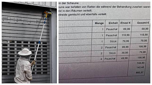 Links ein professioneller Schädlingsbekämpfer im Einsatz. Rechts eine der horrenden Rechnungen, die skrupellose Betrüger ausstellen, um ...
