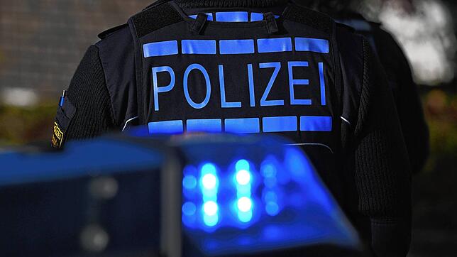 Das Logo der Polizei auf der Dienstkleidung eines Polizisten der vor einem Blaulicht steht. (Symbolbild)
