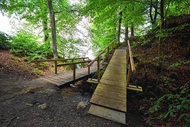 Die Brücke von unten kommt aus Richtung Steg. Die Brücke nach oben führt zum Weg nach Wallhausen.