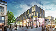Eine Animation des ECE-Centers in der Singener Innenstadt: Hier die Ansicht von der August-Ruf-Straße aus – links Mode-Mango, rechts ...