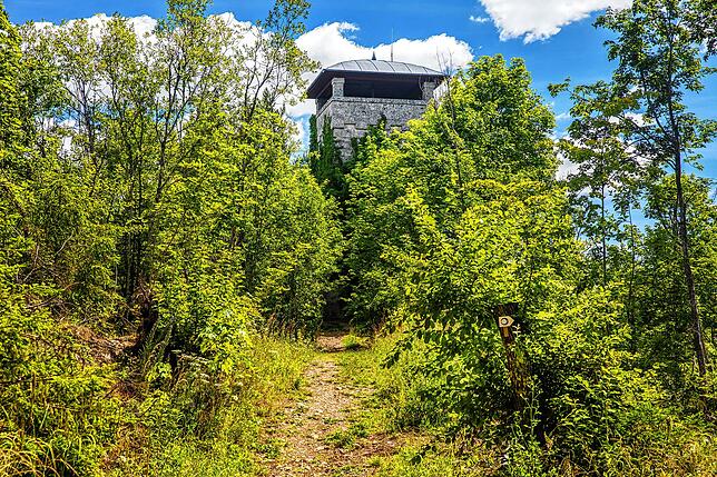 Der gemauerte Gansnestturm steht am äußersten Rand einer steilabfallenden Bergzunge zwischen Donautal und Bäratal.