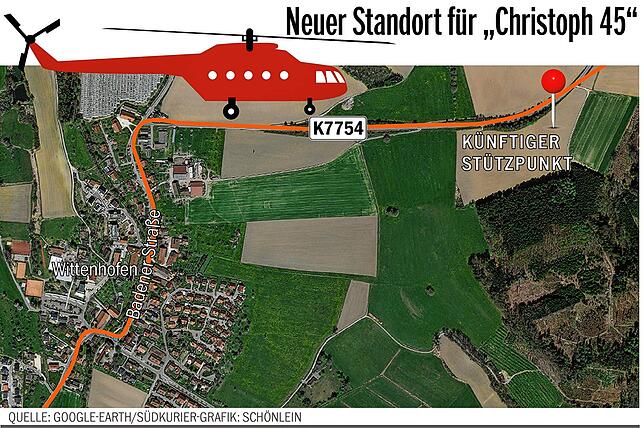 Die Stecknadel zeigt den Bereich des Standortes für den Rettungshubschrauber „Christoph 45“ und für die Rettungswache ...