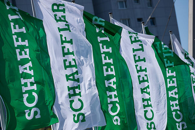 Fahnen mit dem Schriftzug der Schaeffler AG wehen am Rande der Hauptversammlung des Unternehmens.