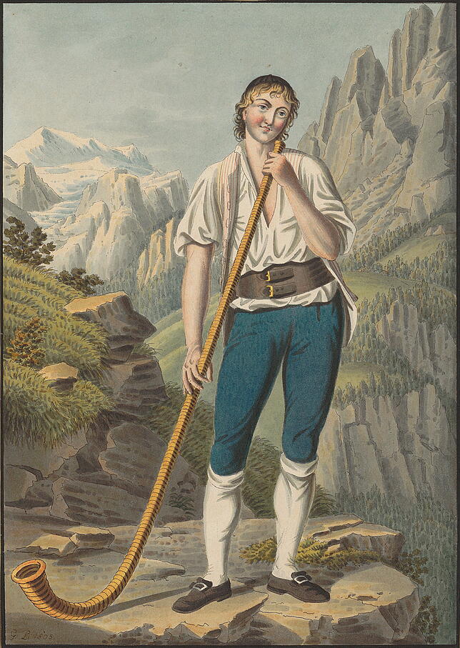 Ebenfalls von Lory: ein Bauer aus Oberhasli (1805) – stilecht mit Alphorn.