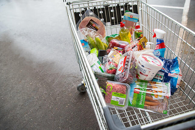 So sieht ein Einkaufswagen aus, wenn man nicht auf Plastik verzichtet. Alles ist eingeschweißt oder verpackt – egal ob Gurke, Bananen, ...