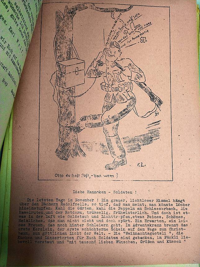 Mit der Feldpost erhielten die Soldaten nicht nur Grüße aus der Heimat, sondern auch Karikaturen.
