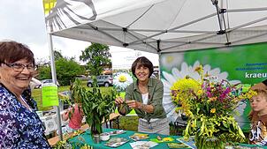 Der Naturparkmarkt lockt bei Wolterdingens 1250-Jahr-Feier mit 32 Ständen. Claudia Hennemann (rechts) zeigt Inge Ringwald, was man aus ...
