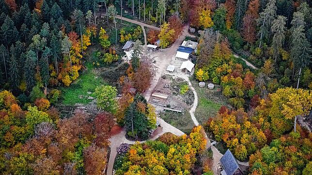 Die Klosterbaustelle Campus Galli im Oktober dieses Jahres. Hier der zentrale Platz mitten im Wald mit der Kirche (unten im Bild).