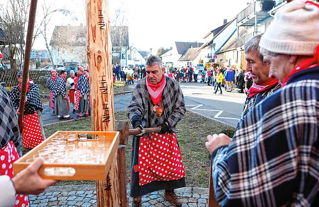 Bild 6: Mit einem kräftigen Hau Ruck wird der Narrenbaum in Position gebracht