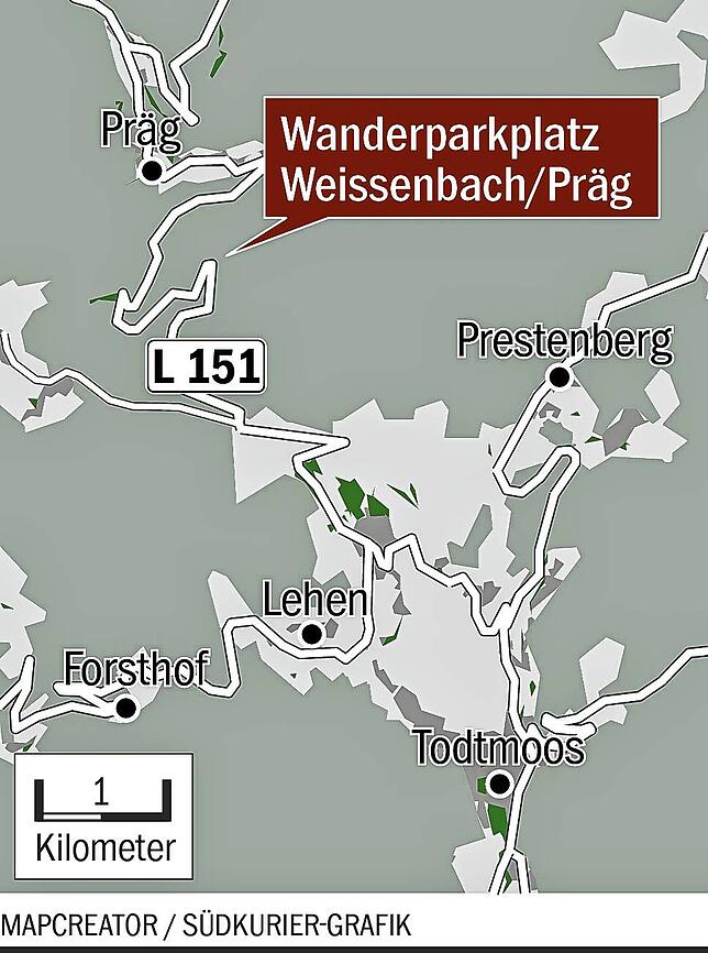 An der L151 zwischen Todtmoos im Kreis Waldshut und Todtnau im Kreis Lörrach befindet sich der Wanderparkplatz „Weissenbach“.