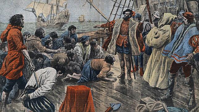 Auf dem Bild sieht man den portugiesischen Seefahrer Ferdinand Magellan (1480-1521), wie er einen Aufstand seiner Mannschaft beruhigt. ...