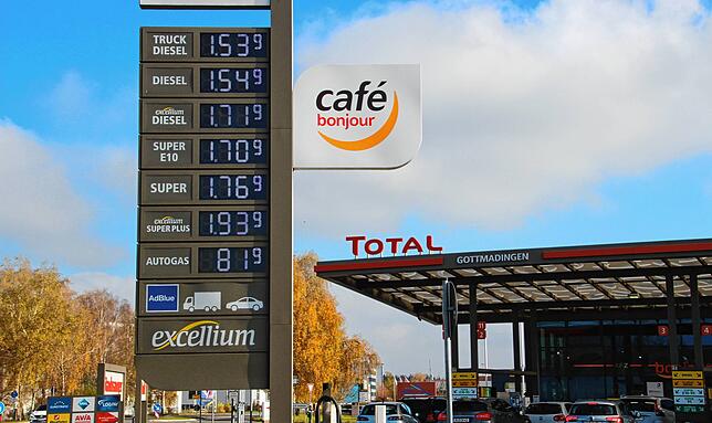 Das Bild zeigt die Tankstelle und die Preistafel in Gottmadingen.