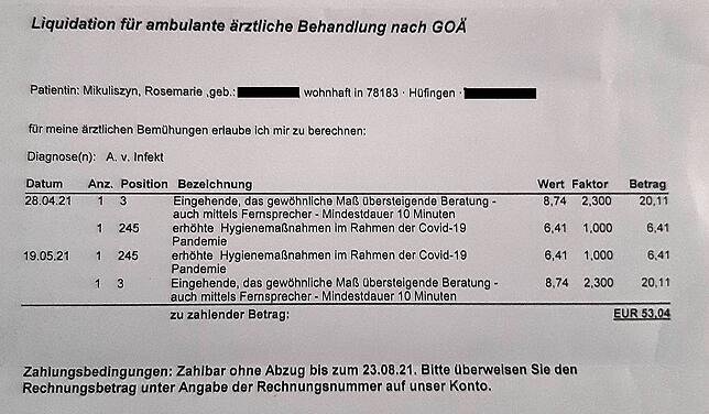 Ausschnitt der Rechnung, die nach der Corona-Impfung an Rosemarie Mikuliszyn gegangen ist. Sie wurde schließlich storniert.