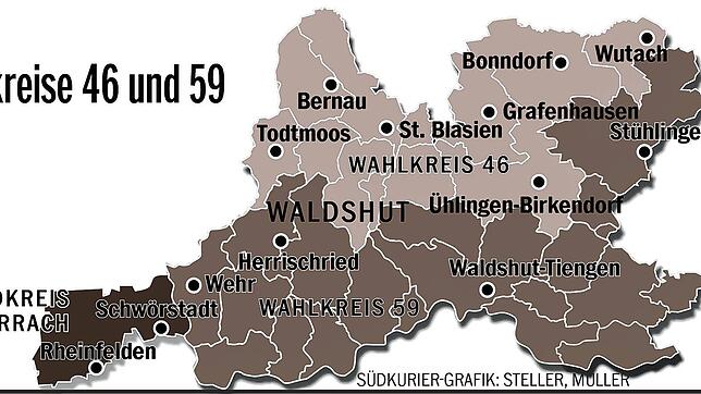 Zwei Wahlkreise im Landkreis Waldshut. Mehrere Gemeinden im nördlichen Kreisgebiet zählen bei der Landtagswahl 2021 zum Wahlkreis 46.