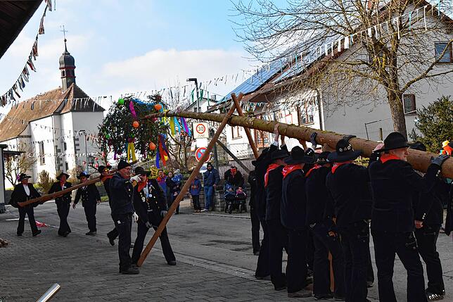 Die Zimmerleute aus Eigeltingen stellten am Samstag den Narrenbaum in Wiechs.