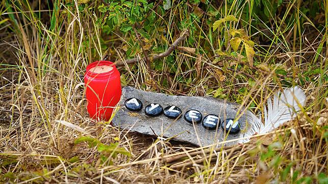 Eine Kerze und eine Tafel mit dem Namen Ayleen liegt im August 2022 am Ufer des Teufelsees im hessischen Wetteraukreis, in dem die ...