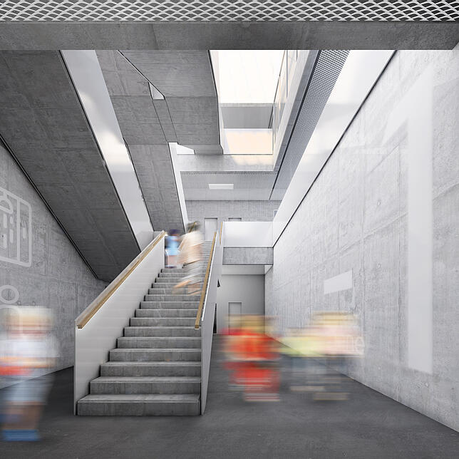 Fotorealistischer Entwurf der neuen Sporthalle, die auf dem Schulcampus in Überlingen gebaut wird.