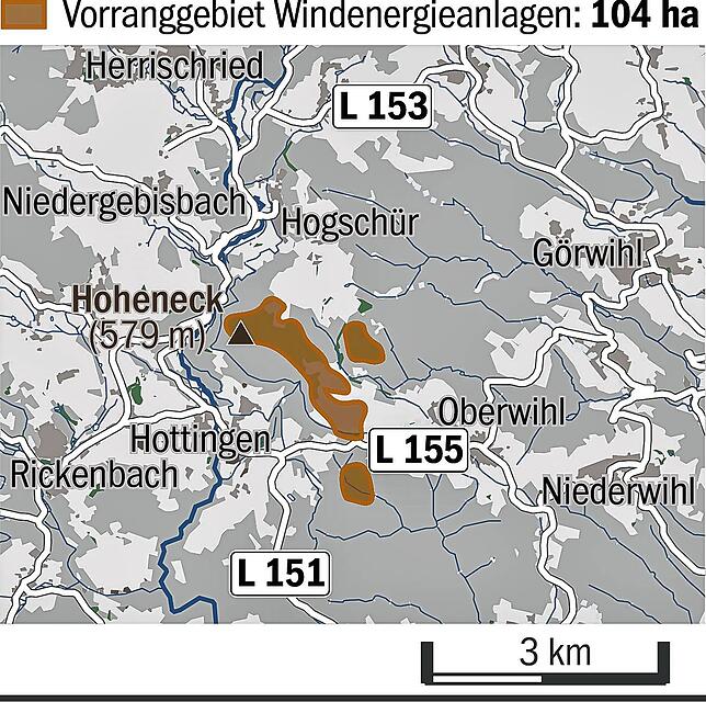 Die Errichtung von Windkrafträdern im Vorranggebiet Hoheneck betrifft die Gemeinden Görwihl, Herrischried und Rickenbach.