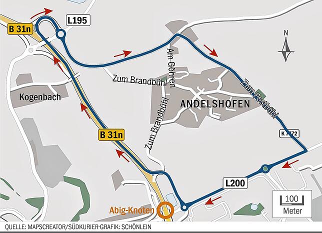 Der Vorschlag von Matthias Riede zu einer Umleitung in Form eines Kreisverkehrs um Andelshofen herum.