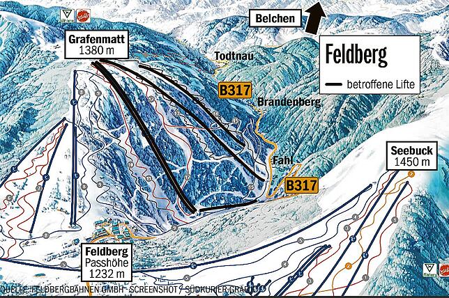 Die Grafik zeigt das Skigebiet am Feldberg. Nur die fünf schwarz markierten Lifte in Fahl wären betroffen, sollte es zu einer Insolvenz ...