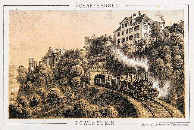Mit Volldampf in die Idylle: Emanuel Labhardt hält in dieser Tonlithografie von 1866 den Einzug der Moderne bei Schaffhausen fest.