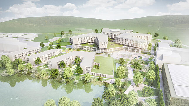 Der Campus des Zentralklinikums Lörrach mit dem Komplex der Kreiskliniken mitsamt dem begrünten Sockel (Mitte) und dem Zentrum für ...