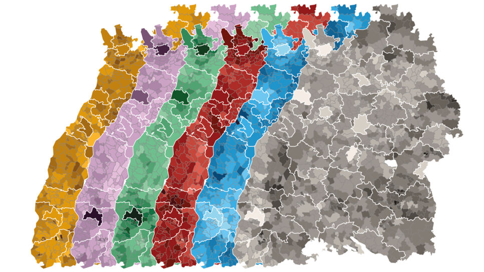 Die Karten zeigen die Wahlergebnisse der Parteien in allen Gemeinden von Baden-Württemberg.